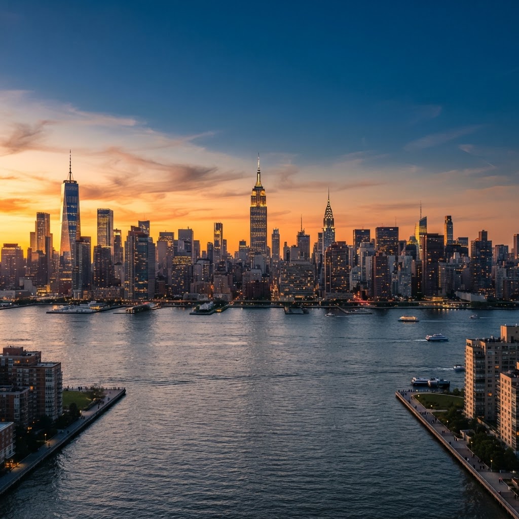 The New York City skyline at golden hour with the Empire State Building, One World Trade Center and Manhattan skyscrapers under a deep blue sky with warm golden orange light and the Hudson River in the foreground