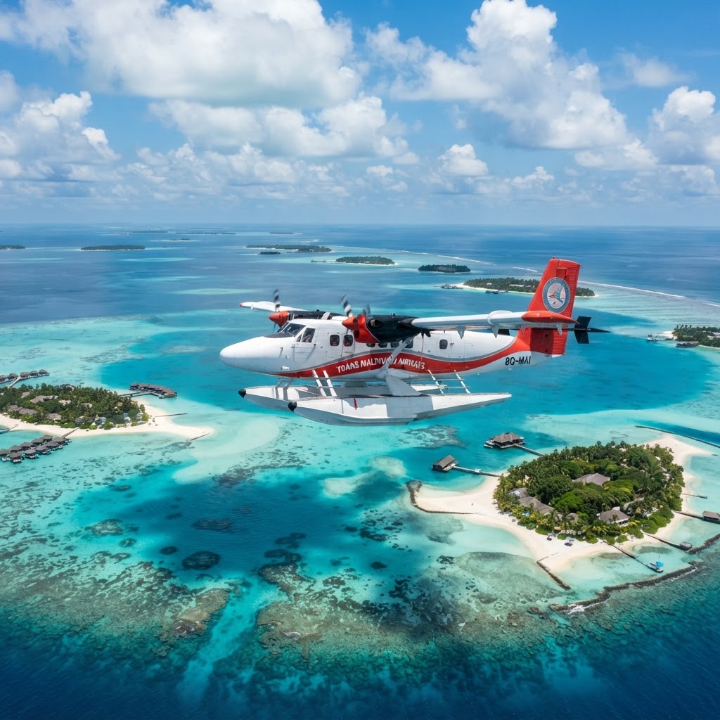 Maldivian seaplane flying low over turquoise Maldives atoll lagoon