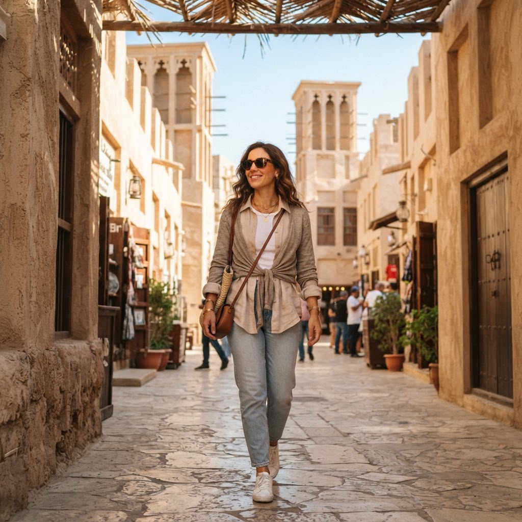 Stylish woman in a light linen shirt and cardigan walking through the Al Fahidi historic district in Dubai in November
