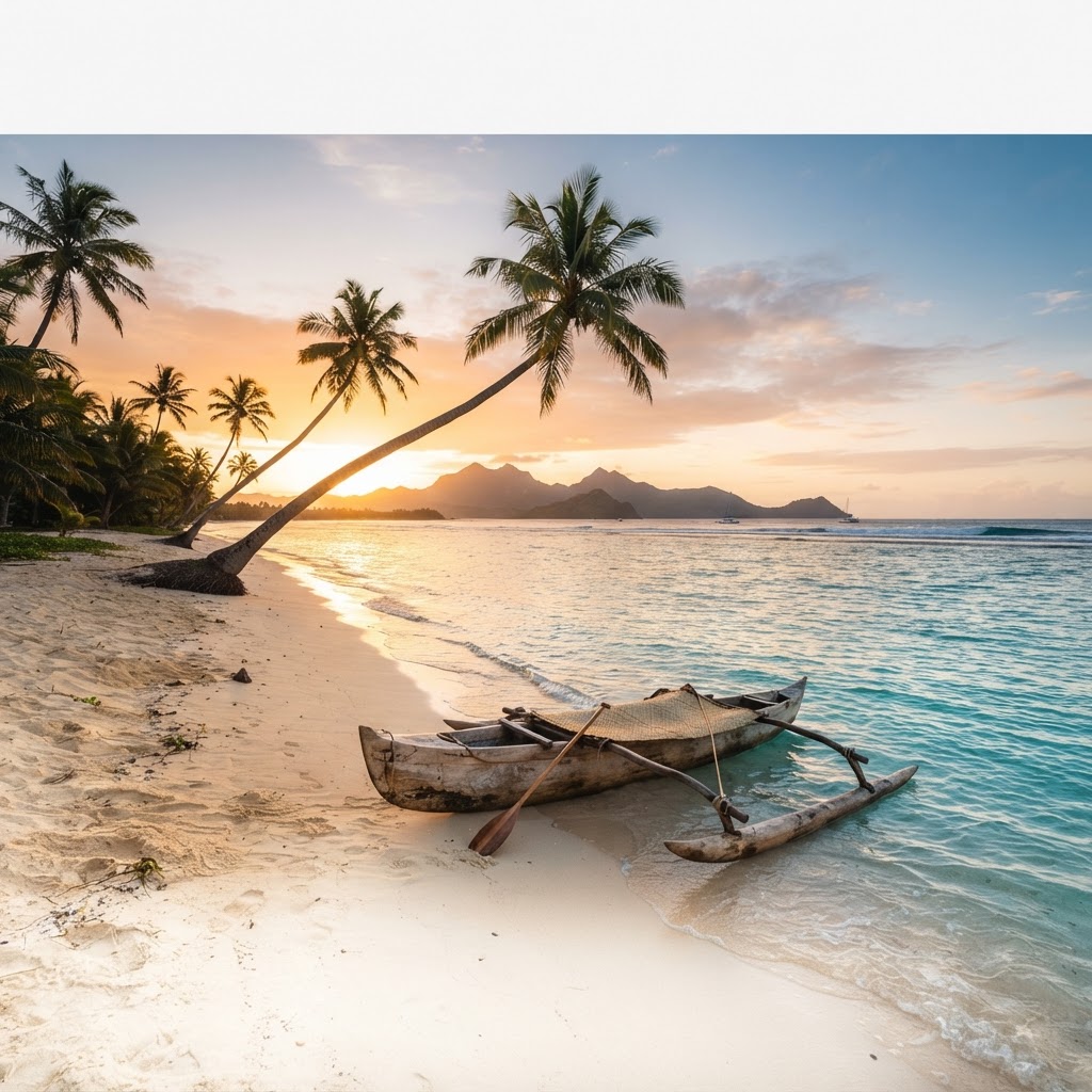 Fiji beach near Nadi at golden hour with white sand, palm trees and a traditional outrigger canoe