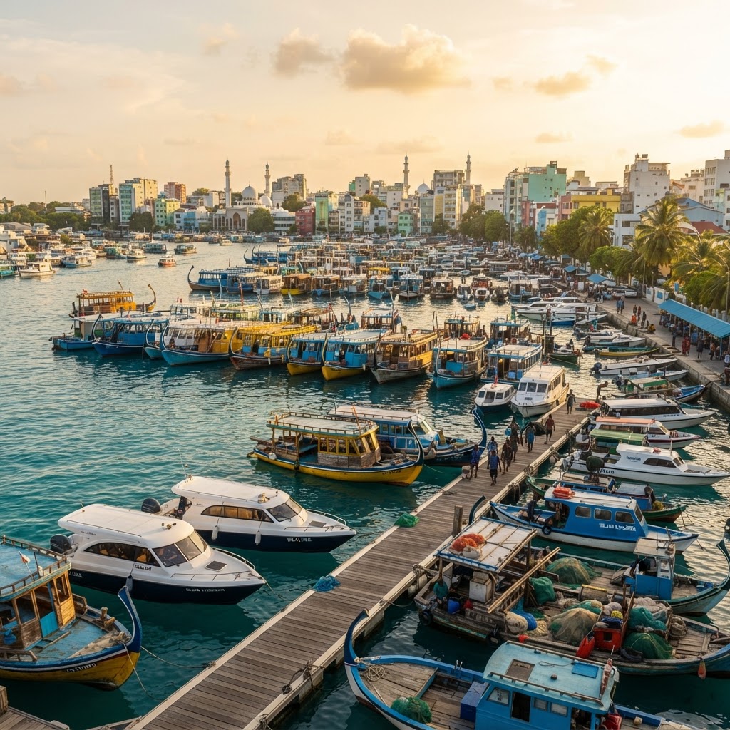 Male harbor filled with traditional wooden dhoni boats and speedboats at golden hour