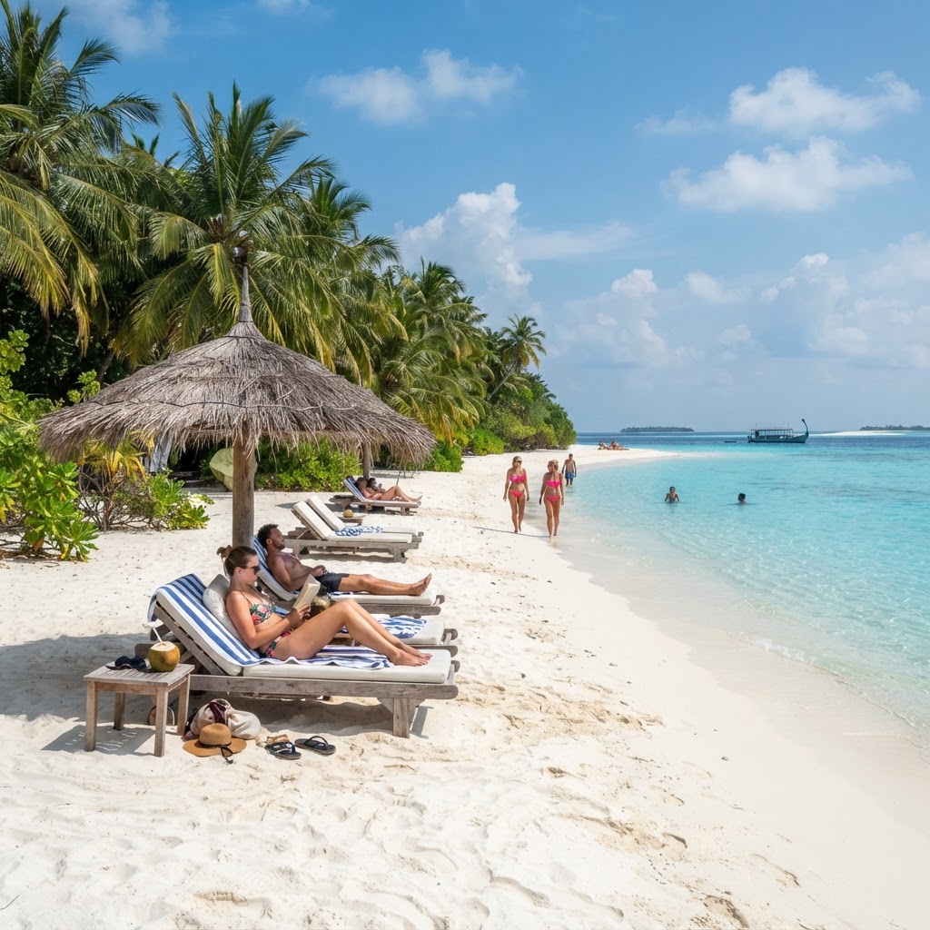Bikini beach on a Maldives local island with white sand and turquoise water