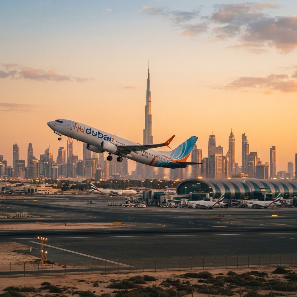 A low-cost carrier airliner taking off from Dubai International Airport at sunrise with the Dubai skyline and Burj Khalifa in the background