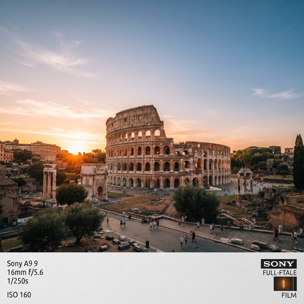 The Colosseum in Rome at sunset with warm golden hour light and the ancient Roman arches glowing against a clear sky
