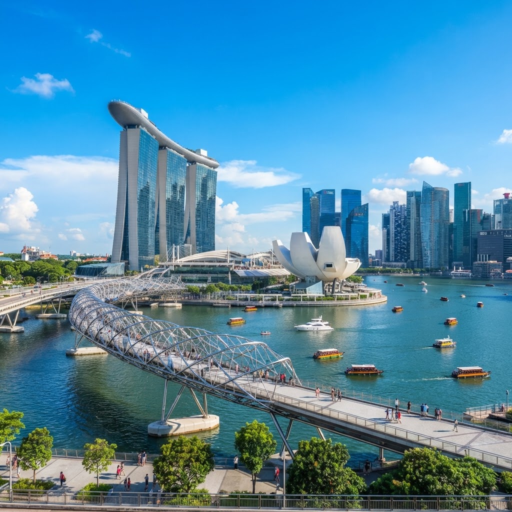Marina Bay Sands and the Singapore skyline in bright daylight with the Helix Bridge and the ArtScience Museum