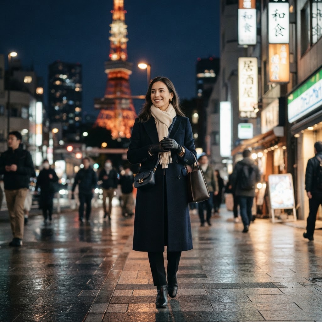 Stylish woman in elegant wool coat, cashmere scarf and leather gloves walking through a Tokyo street in December with Tokyo Tower in the background