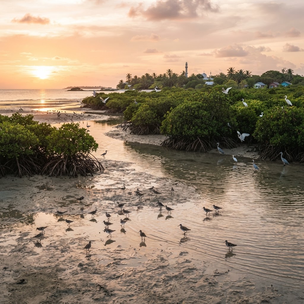 Mangrove forest and tidal flats of Kulhudhuffushi at golden hour