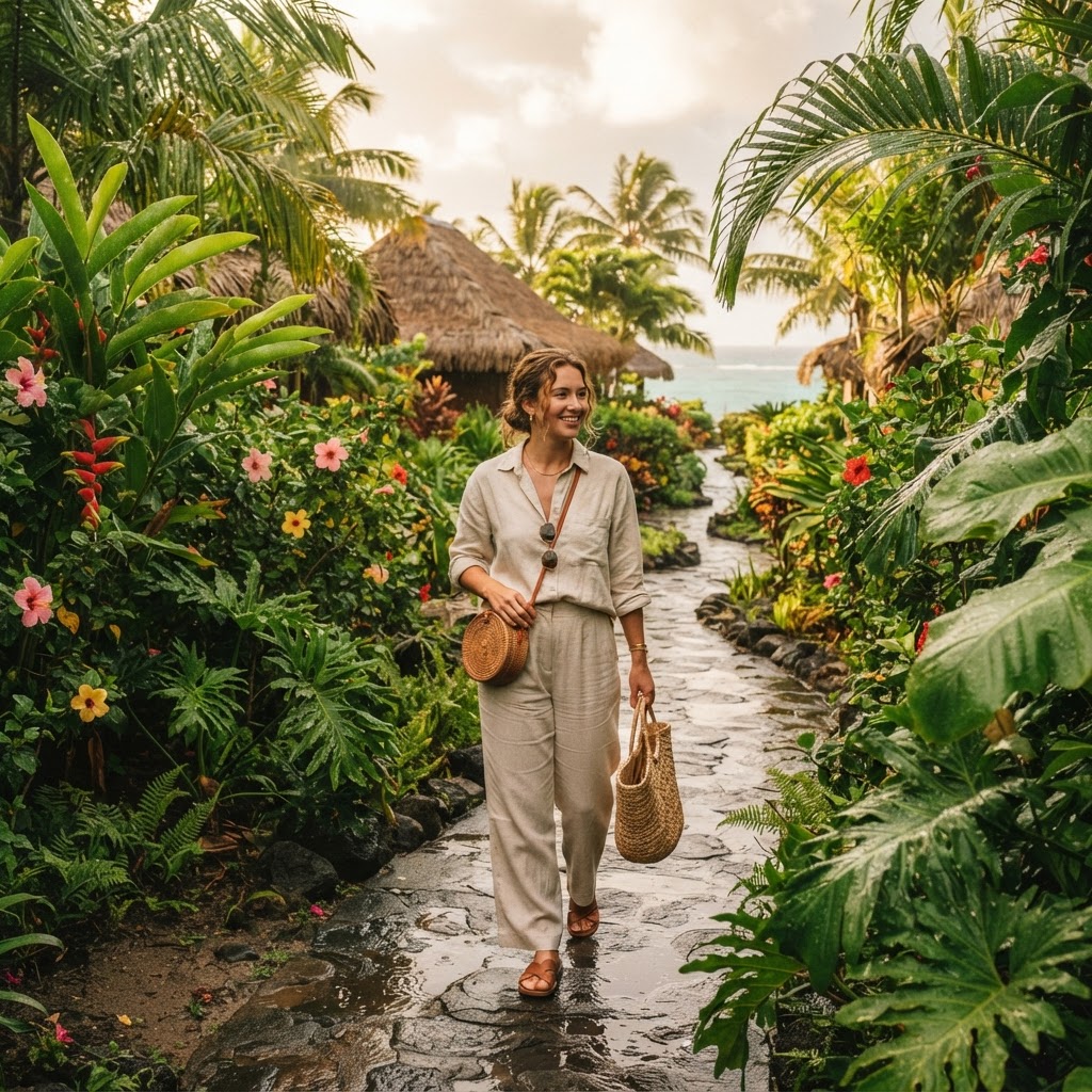 Stylish traveler in light linen outfit walking through a lush green Fiji resort garden in December after tropical rain