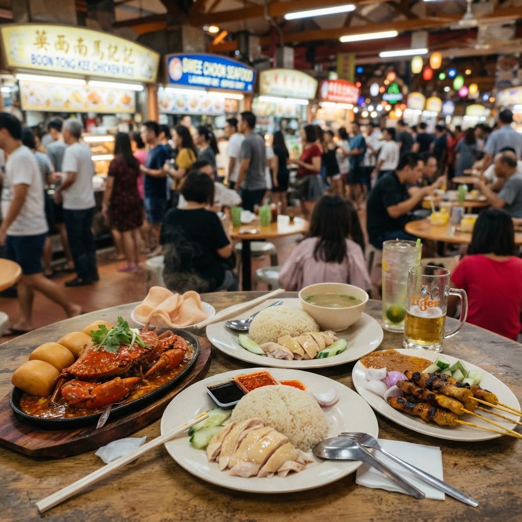 A Singapore hawker centre scene with Hainanese chicken rice, satay skewers and chili crab on a table