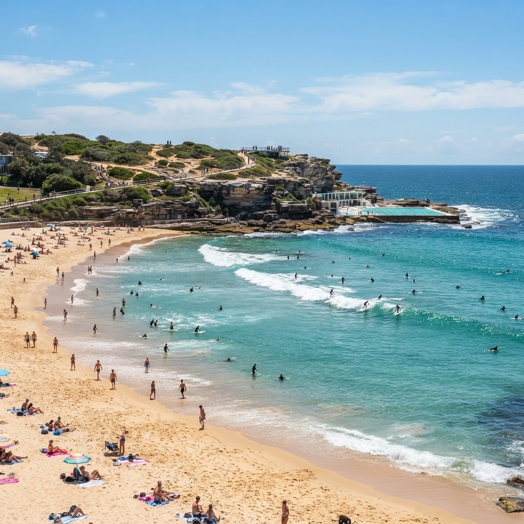 Bondi Beach Sydney with golden sand, turquoise waves and surfers
