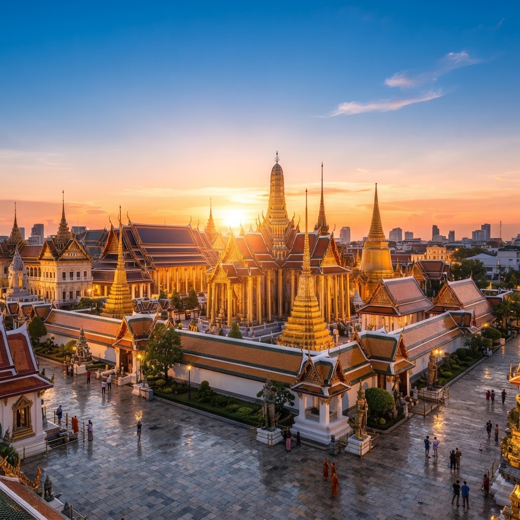 Grand Palace and Wat Phra Kaew in Bangkok at golden sunset