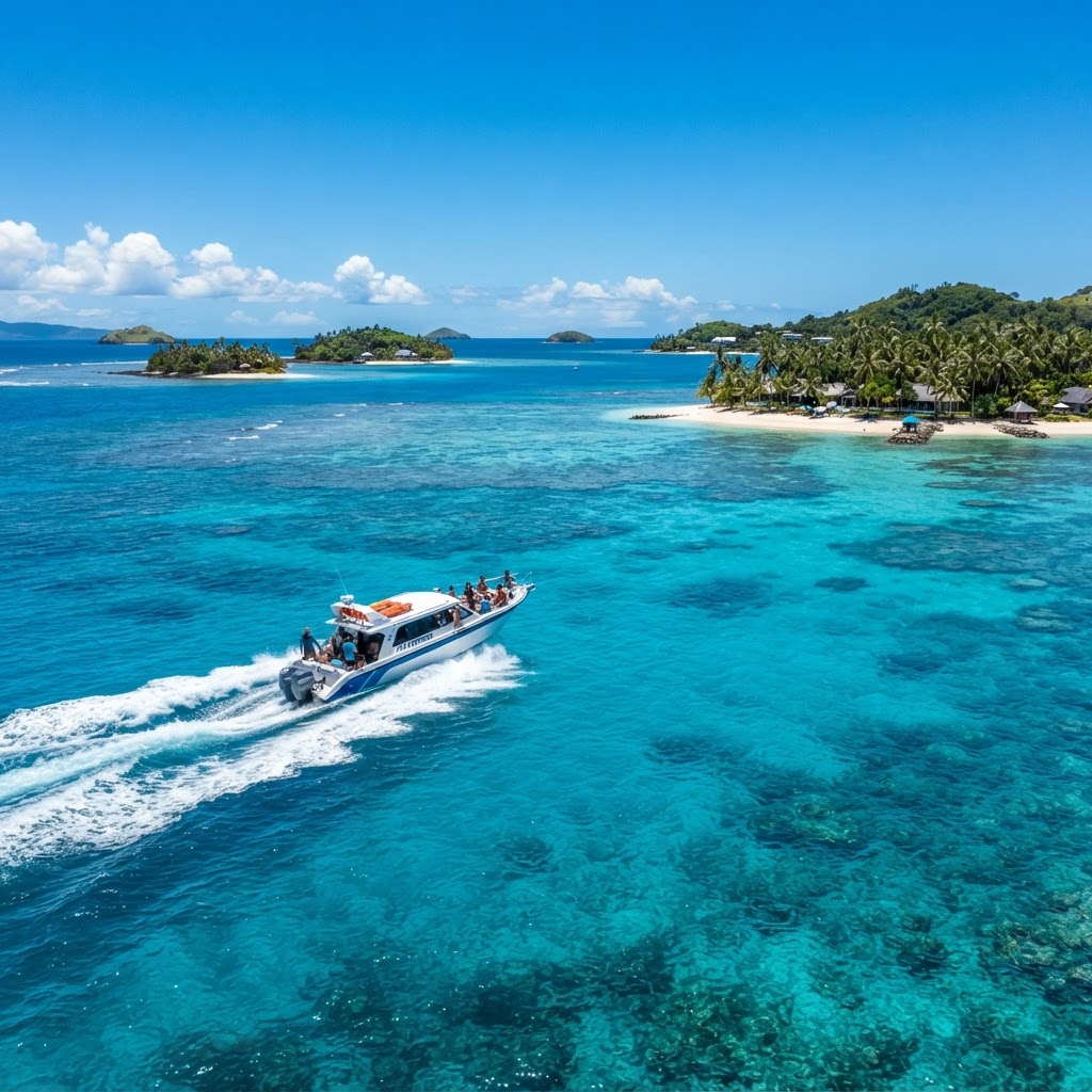 A speedboat crossing turquoise reef water between the Mamanuca Islands in Fiji at midday