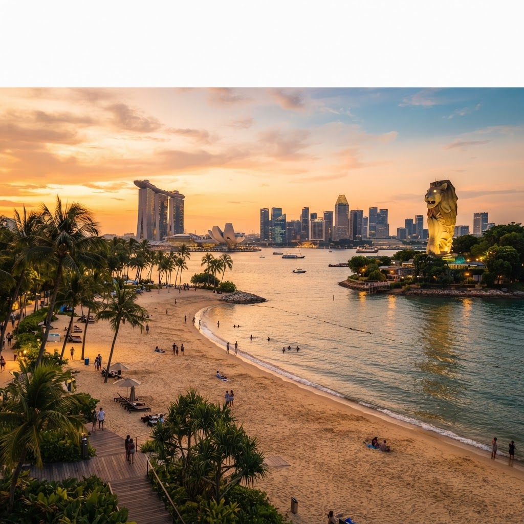Sentosa Island in Singapore at golden hour with the sandy beach, palm trees and the Singapore skyline across the water