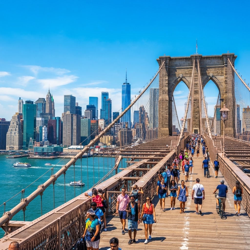 The Brooklyn Bridge with the Manhattan skyline behind it by day in bright sunlight under a clear blue sky