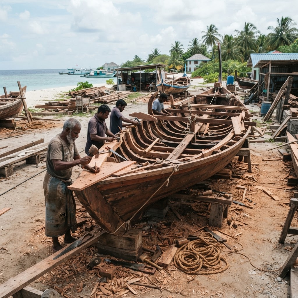 Traditional Maldivian dhoni under construction in a Gulhi boatyard