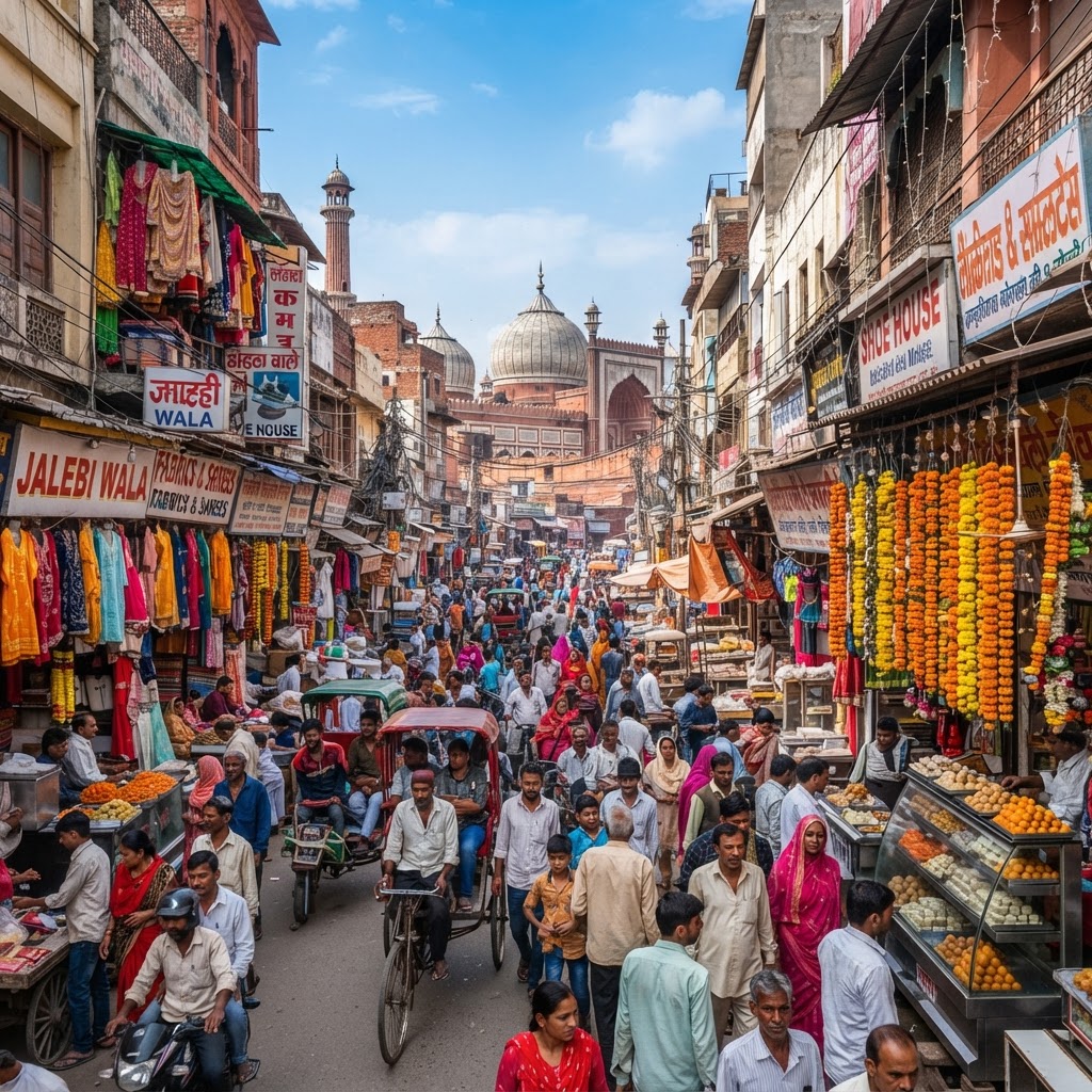 Chandni Chowk market in Old Delhi with colourful shops, rickshaws, hanging marigold garlands and the Jama Masjid mosque domes in the distance under a bright blue sky