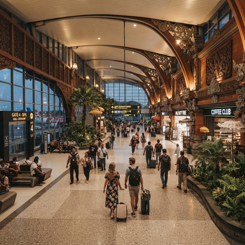 Interior of Ngurah Rai International Airport terminal with Balinese design