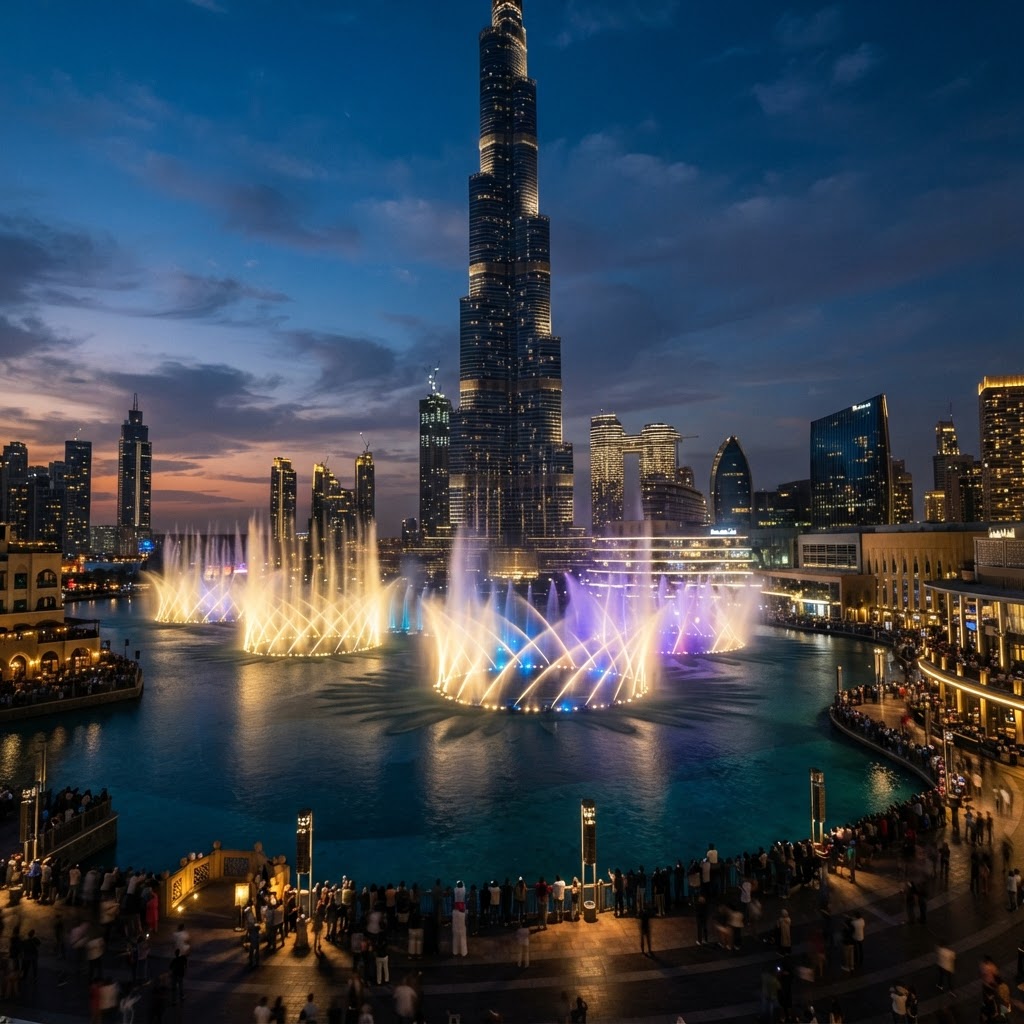 Dubai Fountain illuminated water show at the Burj Khalifa lake at dusk