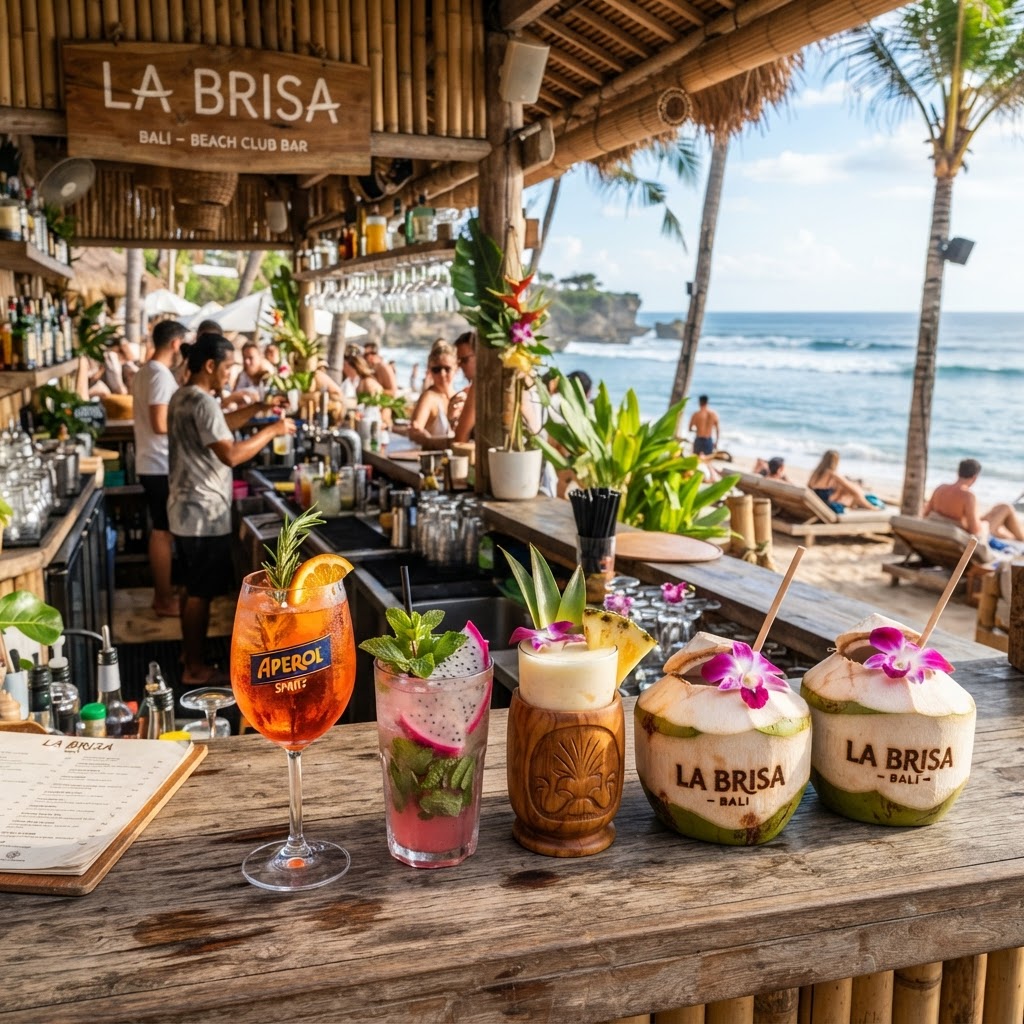 Tropical cocktails at a Bali beach club bar