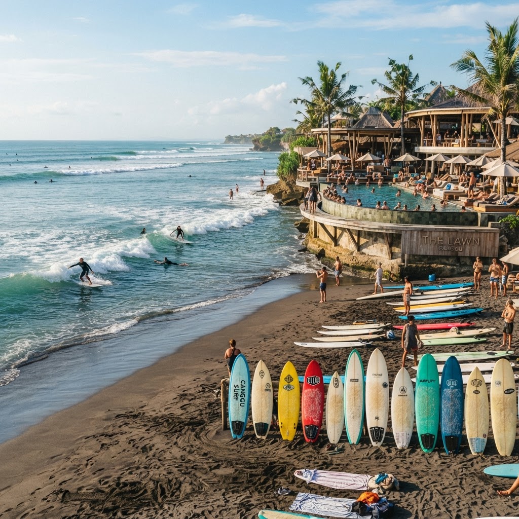 Surfers near a beach club in Canggu Bali