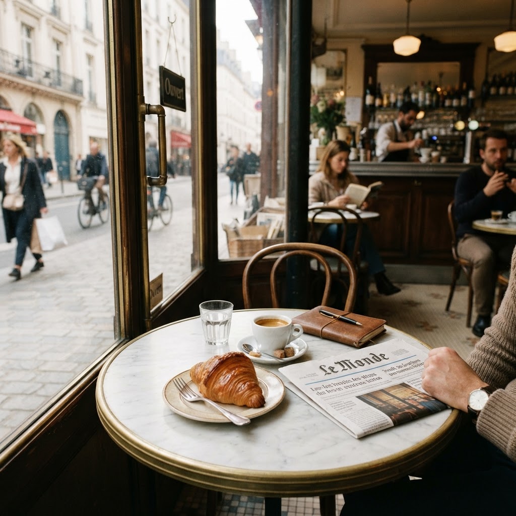 A Paris cafe scene with a croissant, an espresso and a copy of Le Monde on a marble table by a window