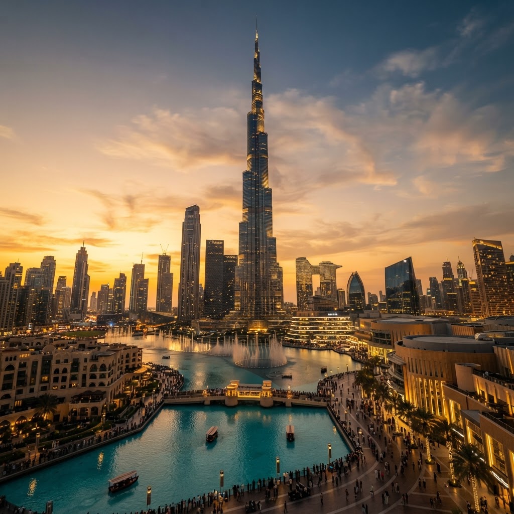 Burj Khalifa skyscraper at golden sunset over the Dubai skyline, viewed from a Qantas Sydney to Dubai arrival