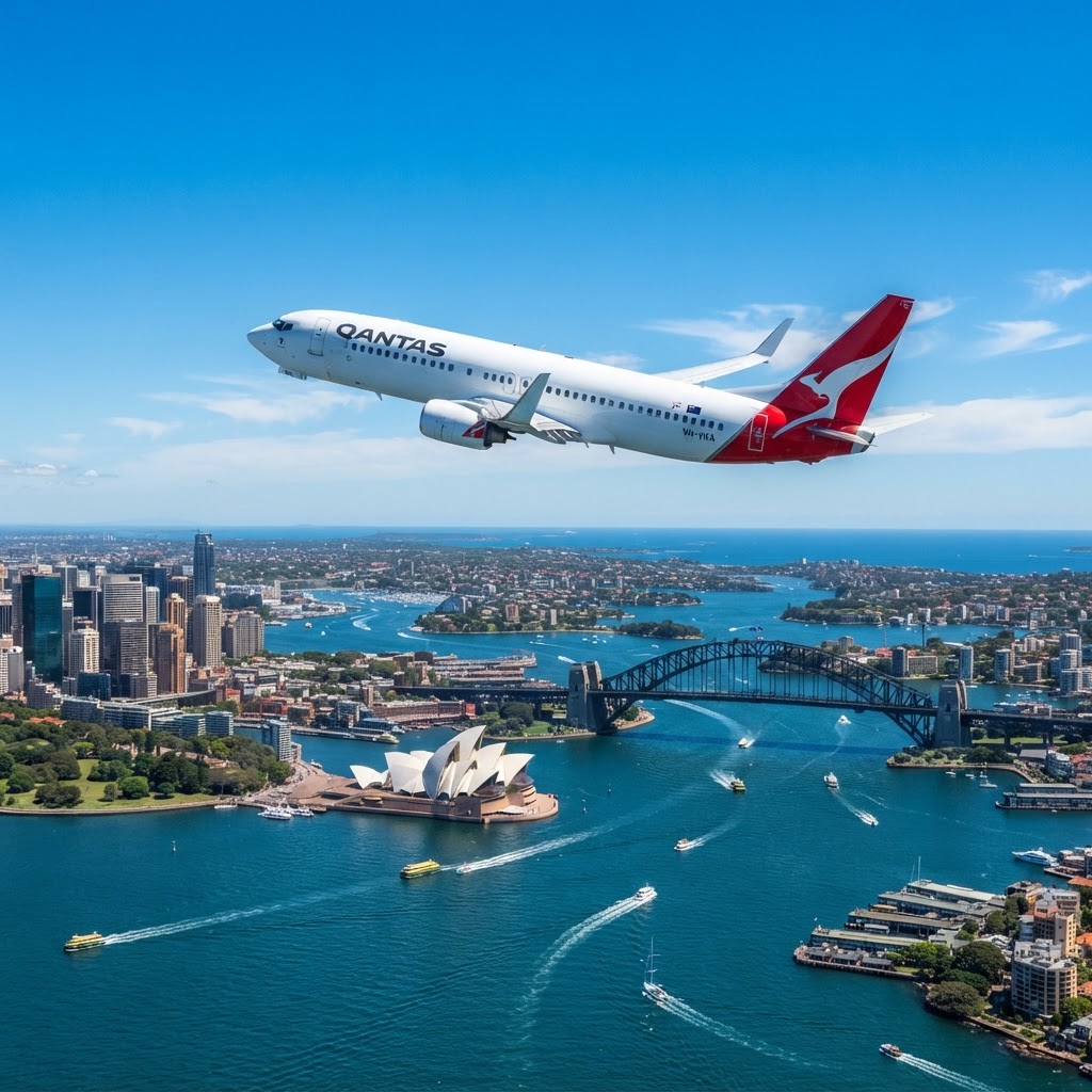 Passenger jet flying over Sydney coastline