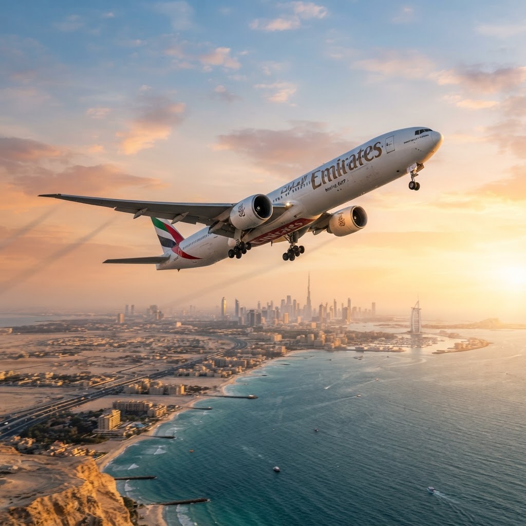 A modern Emirates Boeing 777 airliner taking off at sunrise over a coastline with golden morning light, photorealistic aviation photography, cinematic wide shot