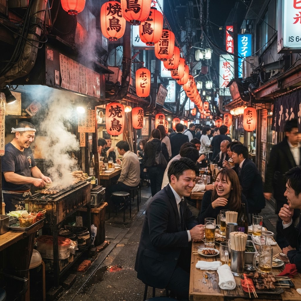 Traditional Japanese street food stall alley in Shinjuku Tokyo at night with red lanterns, steam rising from yakitori grills and warm glowing lights