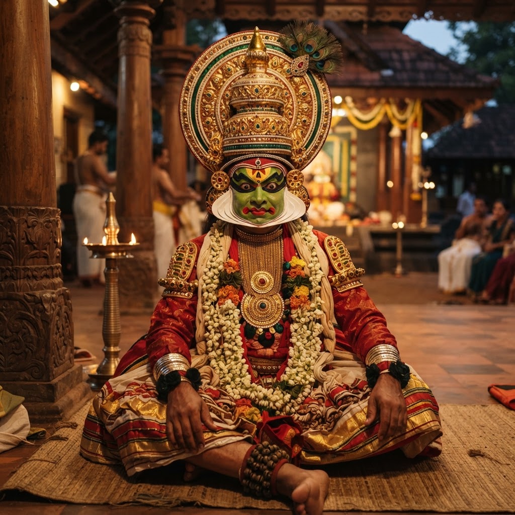Kathakali dancer with traditional green and gold makeup in Kerala