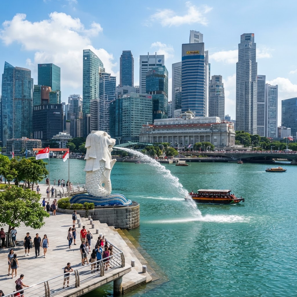 The Merlion statue in Singapore spouting water into Marina Bay with the CBD skyline in the background