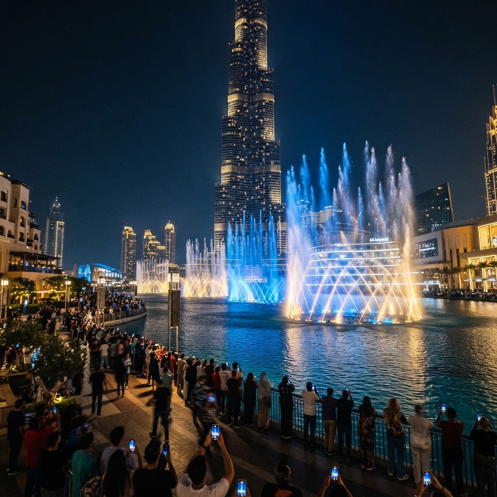 Dubai Mall fountain show at night with the Burj Khalifa illuminated above, water jets lit up in blue and gold