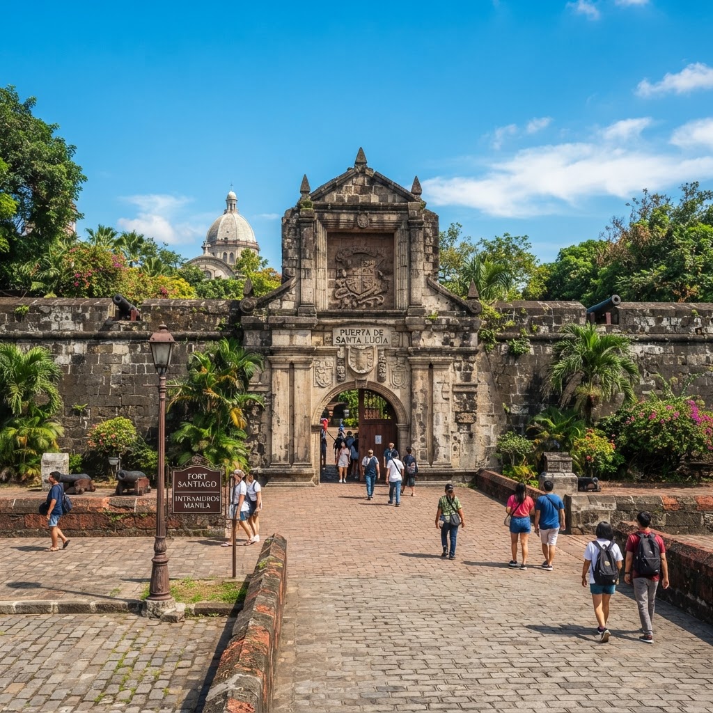 Intramuros the walled city of old Manila Philippines at midday with Spanish colonial walls, Fort Santiago gate, warm daylight, clear blue sky