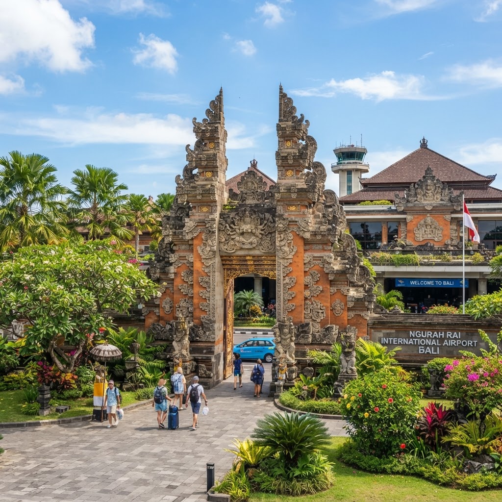 Balinese stone carvings at the entrance of Bali Denpasar Airport