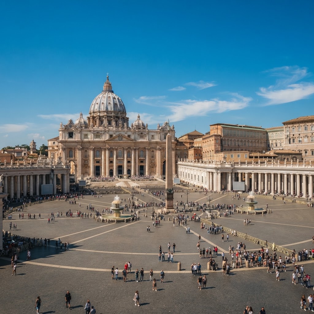 St Peters Basilica and Vatican square in Rome at midday with its grand colonnade and dome, warm daylight, clear blue sky