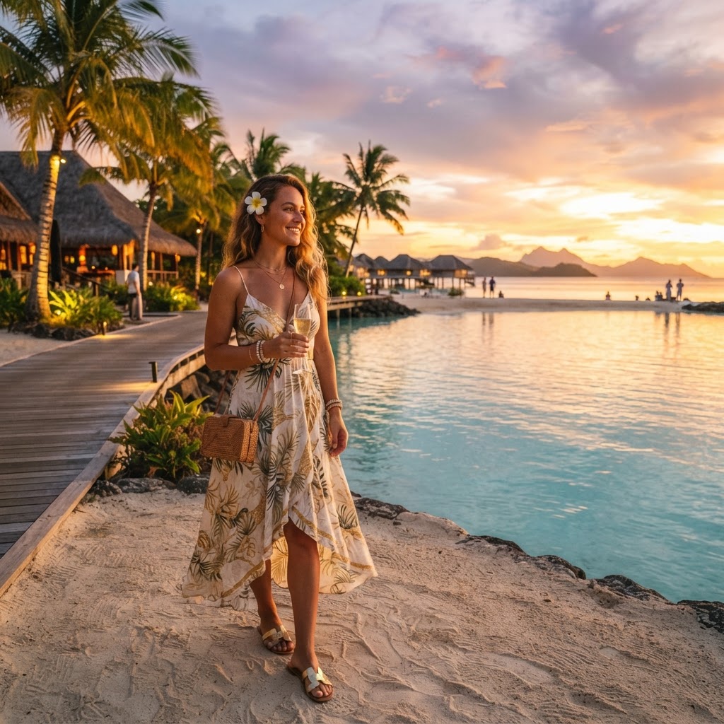 Stylish woman in light sundress and sandals enjoying a warm Fiji sunset in December at a beachside resort