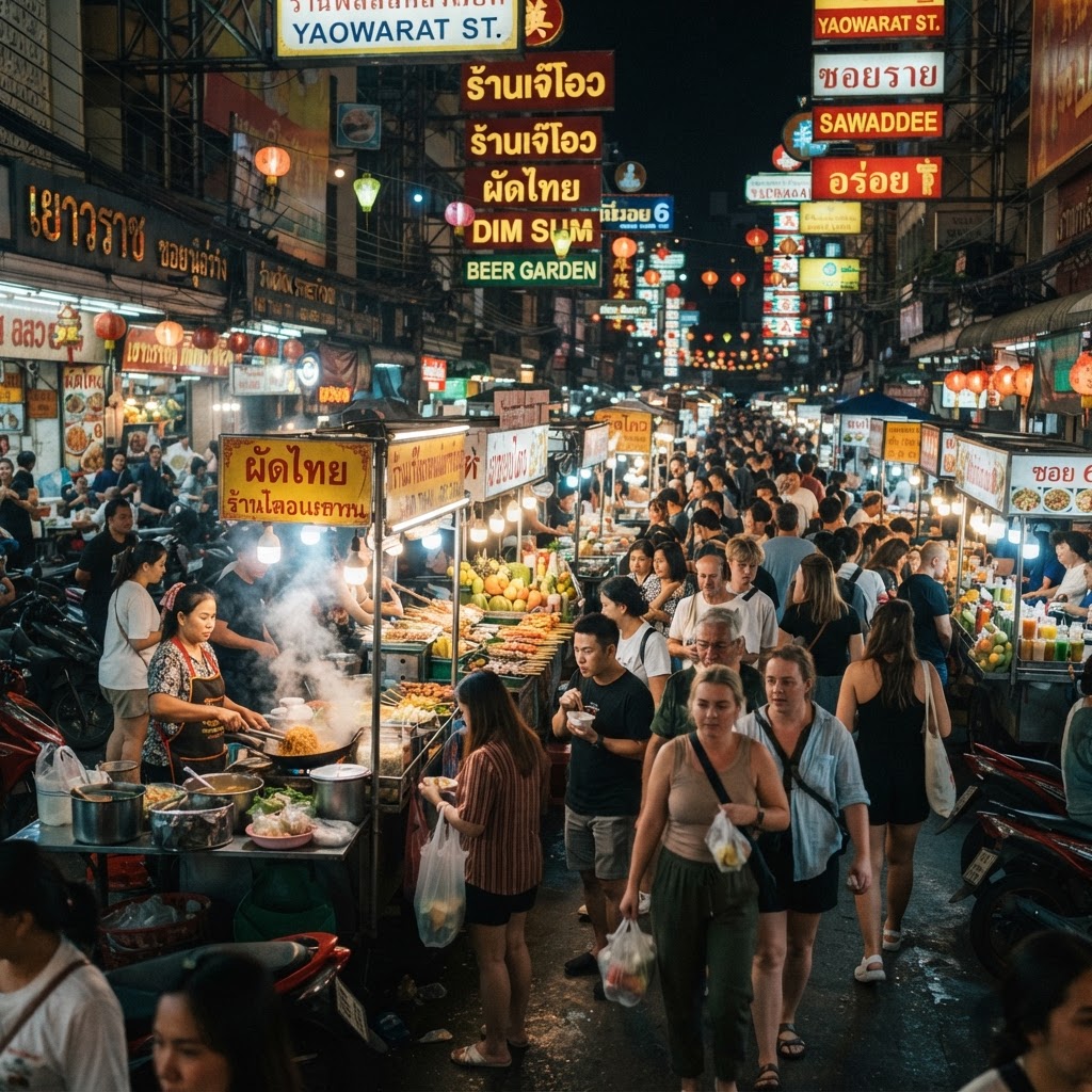 Bangkok street food night market with vendors and neon signs