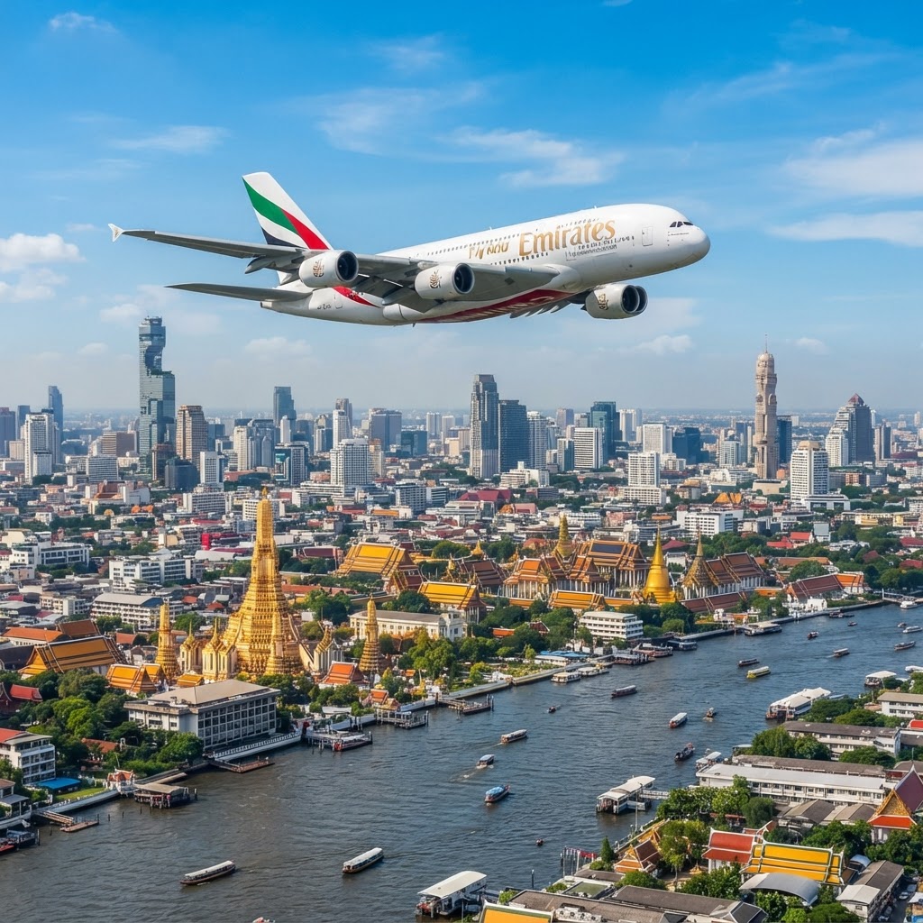 Emirates A380 flying over Bangkok skyline with golden temples