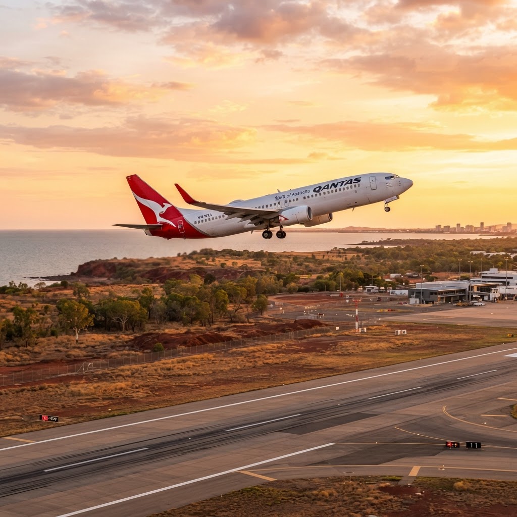 A Qantas Boeing 737 taking off from Darwin Airport runway at sunset with the Northern Territory red outback and the Timor Sea in the distance