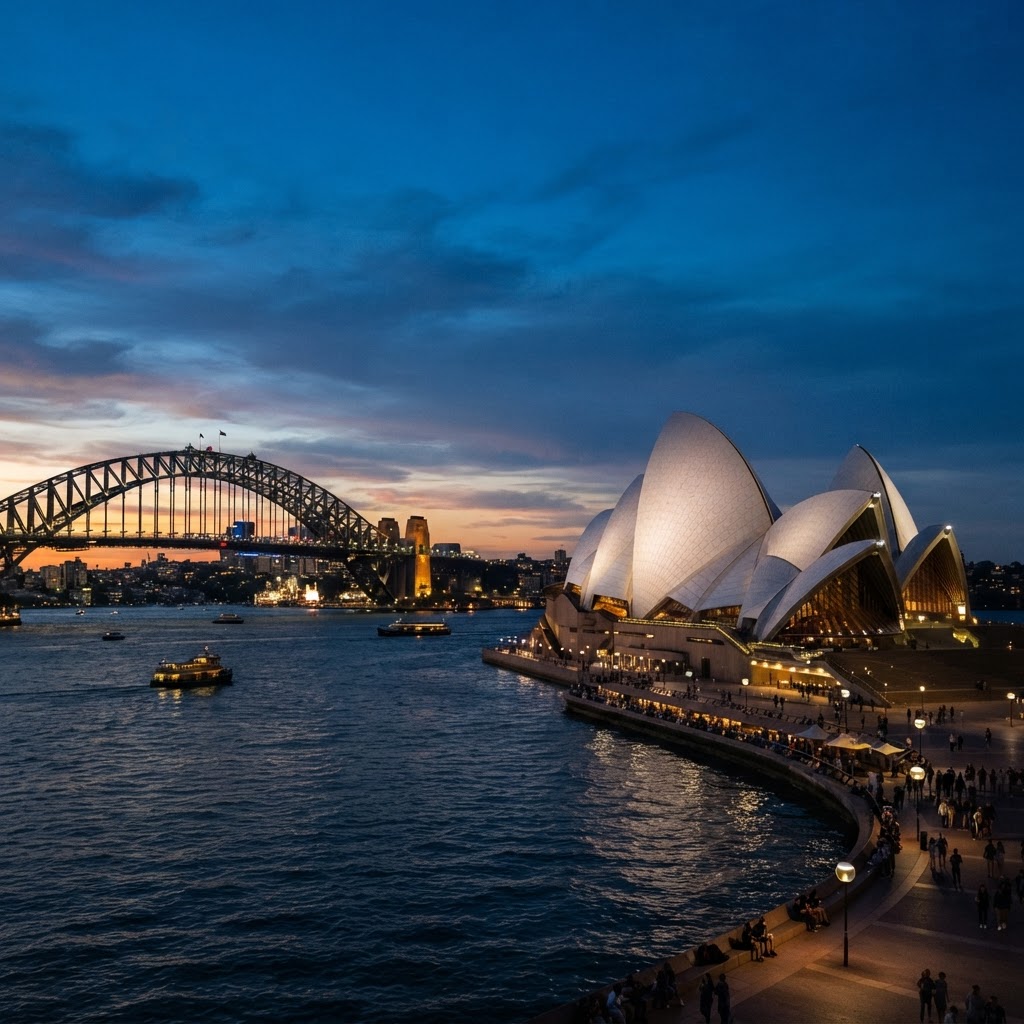 Sydney Opera House sails glowing white against a deep blue sky at sunset