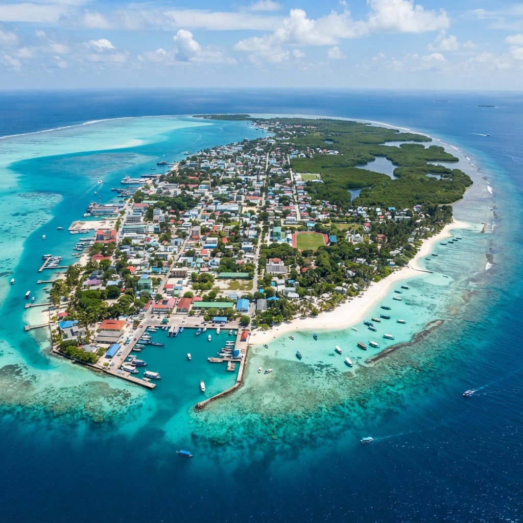 Aerial view of Kulhudhuffushi island in the northern Maldives with mangroves and turquoise lagoon