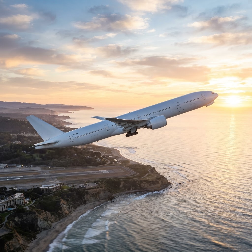 A modern long-haul airliner taking off at sunrise over a coastline with golden morning light, photorealistic aviation photography, cinematic wide shot