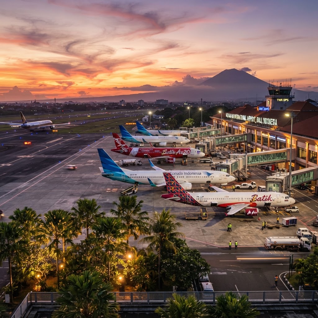 Passenger jets on the apron at Bali Denpasar Airport at dusk