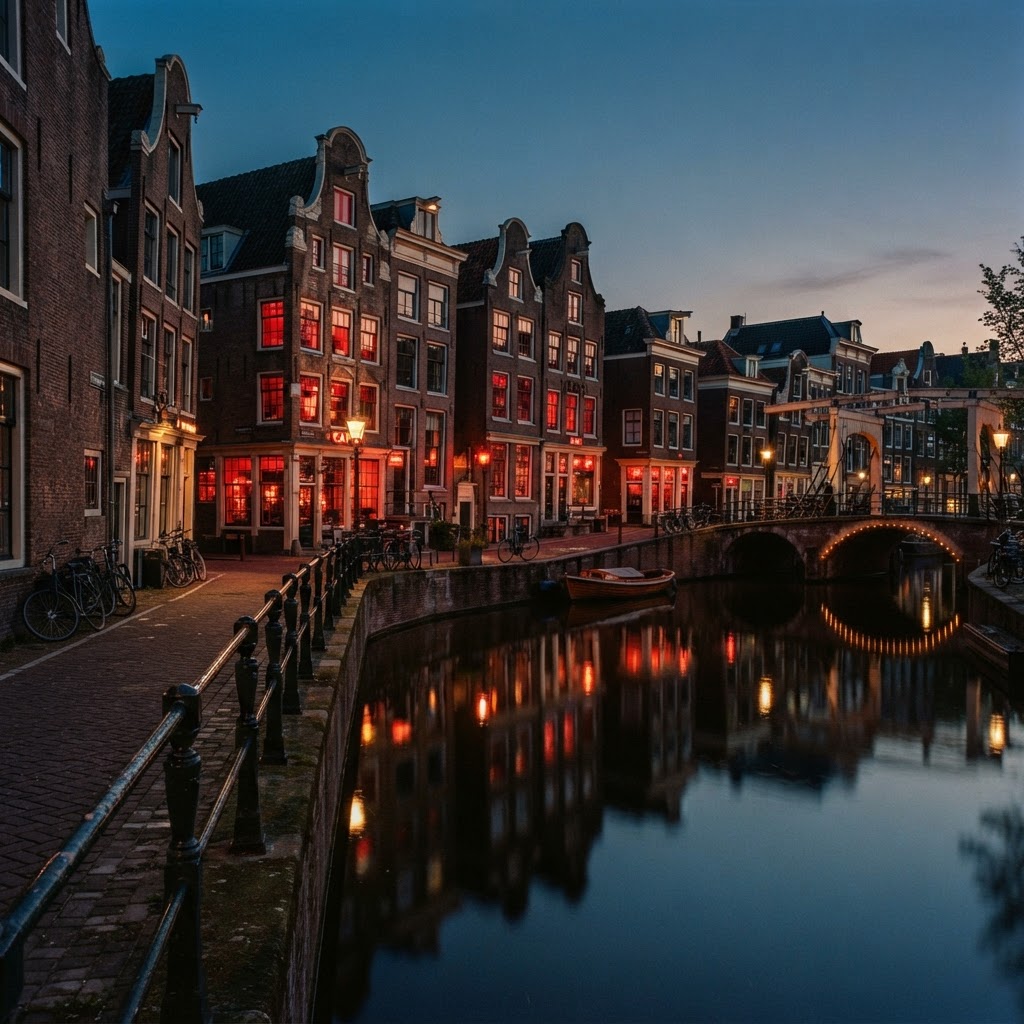 Amsterdam canal at dusk in the historic De Wallen district