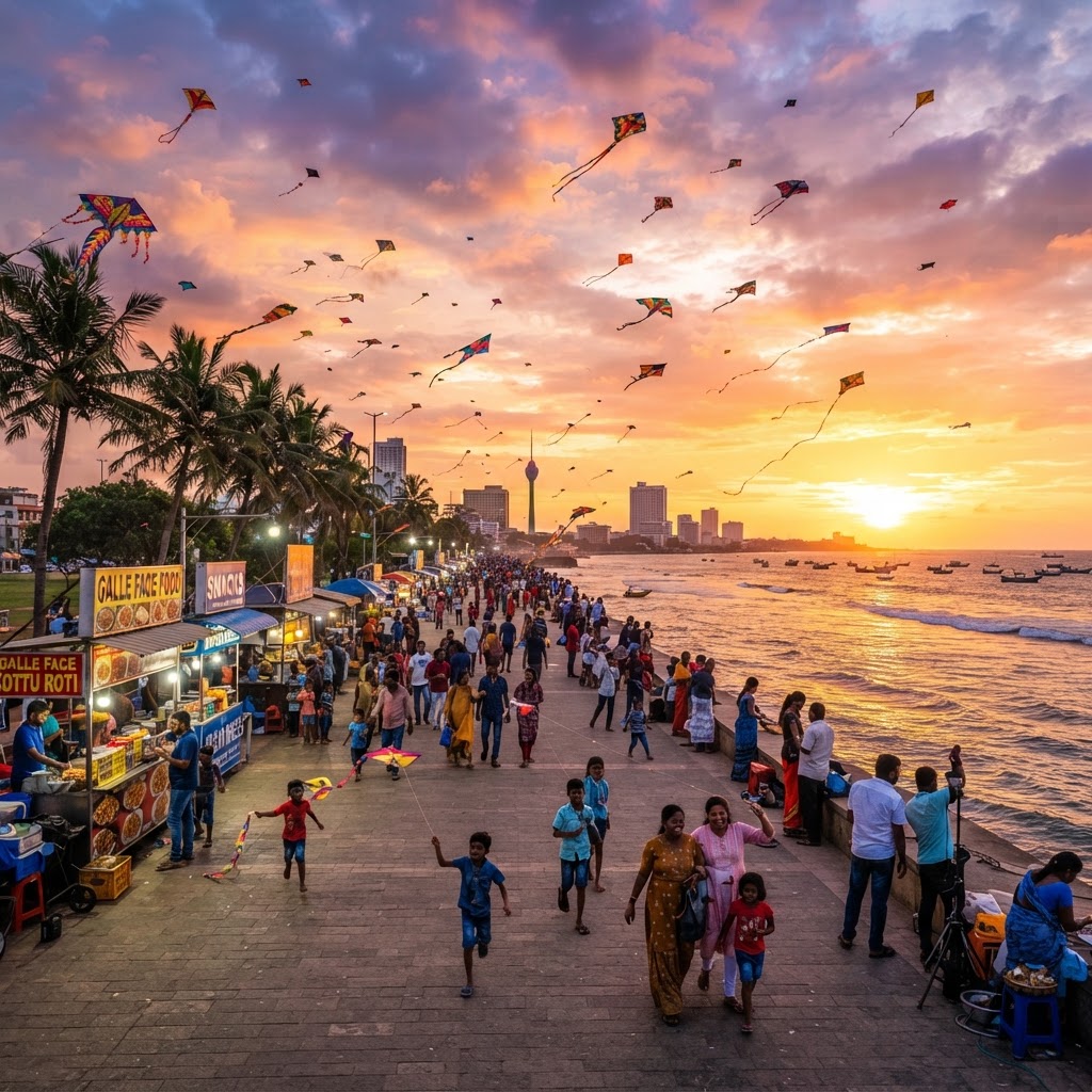 The Galle Face Green promenade in Colombo at sunset with families flying kites, street food vendors, palm trees and the Indian Ocean under a vivid orange and pink sky