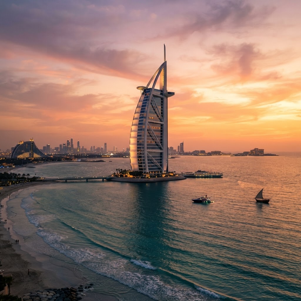 The Burj Al Arab hotel standing on its artificial island at sunset in Dubai with a sail-shaped silhouette against a warm orange and pink sky