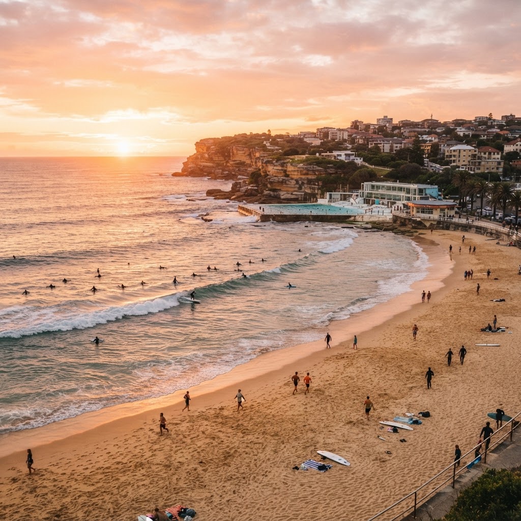 Bondi Beach Sydney with surfers and golden sand at sunrise