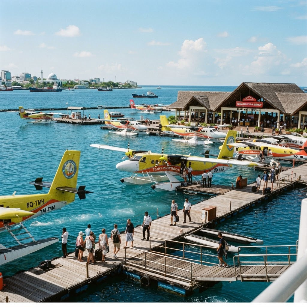 Trans Maldivian Airways seaplanes docked at the Malé seaplane terminal