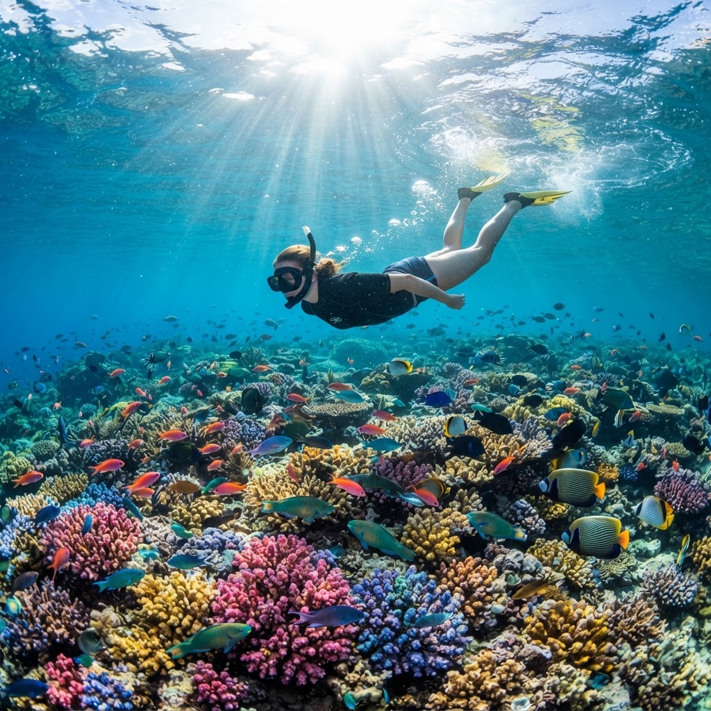 Snorkeller swimming over a vibrant Fiji coral reef in clear turquoise water