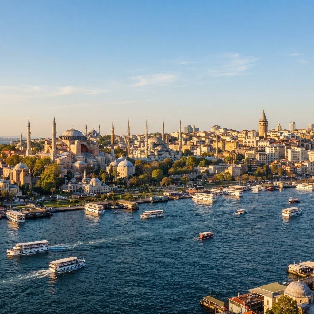 The Istanbul skyline with the Hagia Sophia, Blue Mosque domes and minarets, the Bosphorus strait and Galata Tower in the distance under a clear blue sky